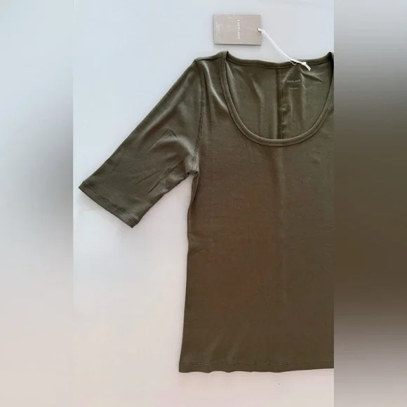 Everlane Luxe Rib Scoop-Neck Tee- Elbow Length Sleeves- Olive Green- Size L- NWT - Picture 3 of 6